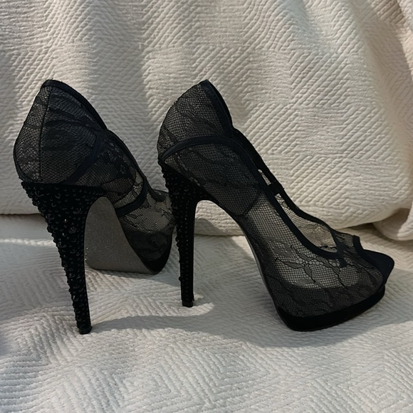 BEBE Black Lace Stiletto Rhinestone High Heel - Picture 13 of 14